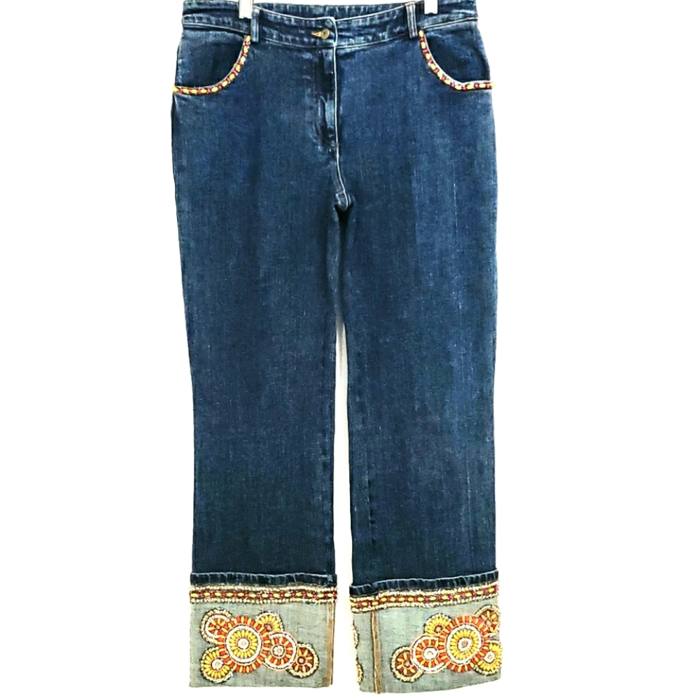 Cache Straight Leg Cropped Jeans w/ Beadwork Yellow & Orange Appliques